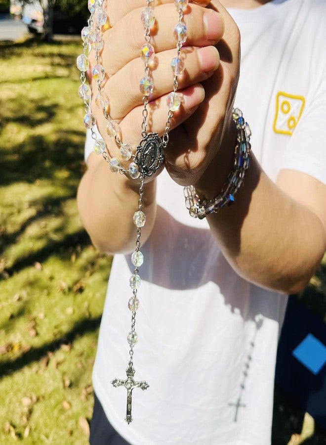 CACALOSS Catholic Rosary Necklace, Jesus Cross, Rainbow Sparkle Crystal Rosary Necklace for Baptism Prayer - Image 3
